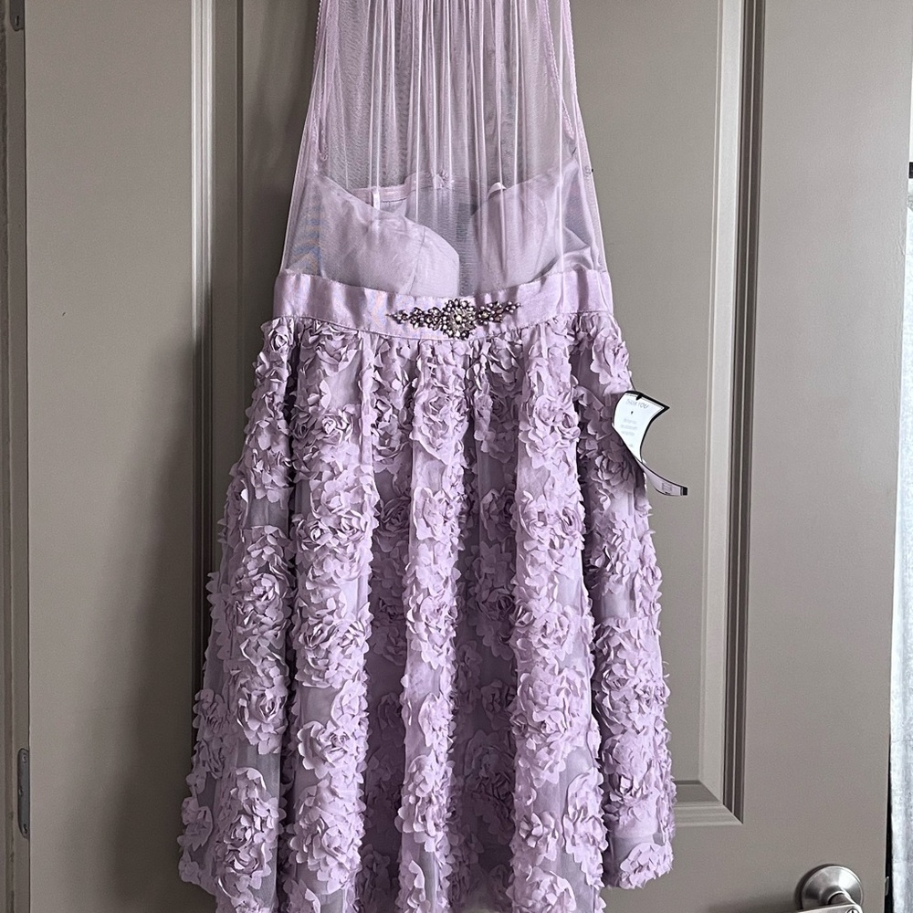 Adrianna Papell Lavender Floral Dress with Mesh Overlay